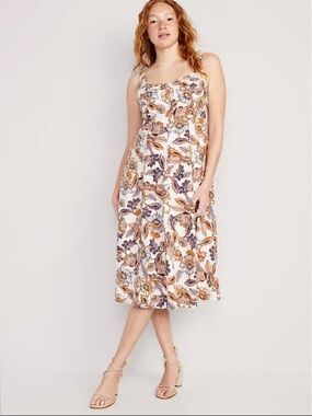 Fit & Flare Floral Linen-Blend Cami Midi Dress size Small